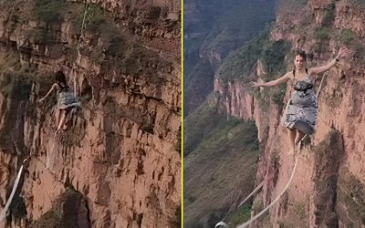 Deportista santandereana cruzó abismo caminando por una cuerda y se hizo viral