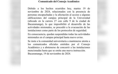 UIS anuncia suspensión de actividades