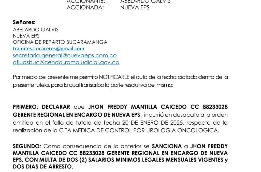 Otra orden de arresto para el gerente regional en encargo de NUEVA EPS